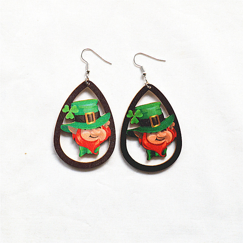 Wholesale St. Patrick's Day Shamrock Green Rainbow Gnome Wooden Earrings